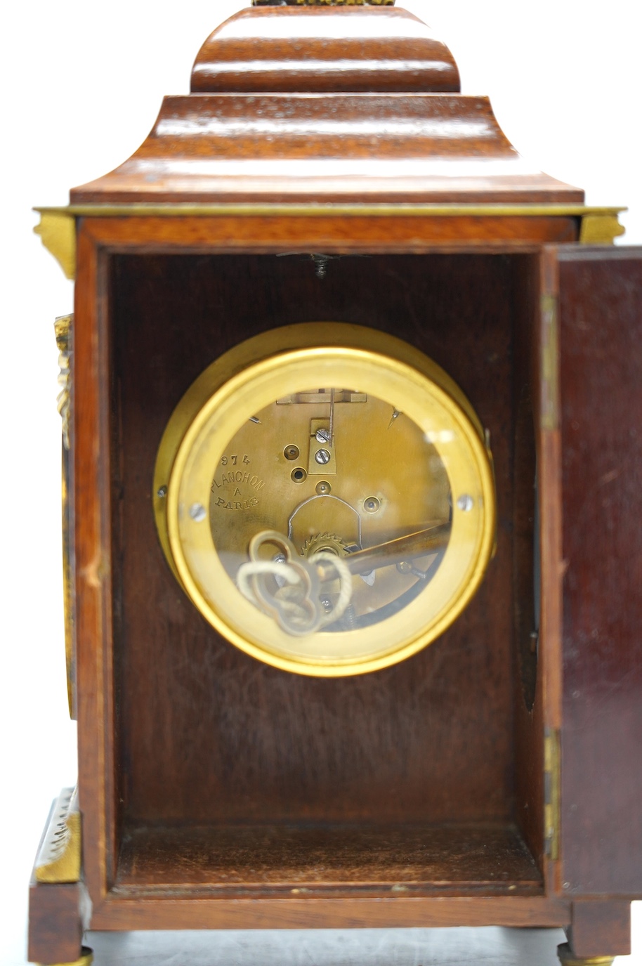 A 19th century French ormolu mounted, mahogany and box wood inlaid timepiece, by Planchon of Paris, with Wedgwood style plaques inlaid to sides, key included, 23cm. Condition - fair to good, not tested as working